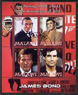 Malawi 2008 Ian Fleming 100th Birth Anniversary (James Bond) #1 perf sheetlet containing 4 values fine cto used, stamps on personalities, stamps on literature, stamps on films, stamps on cinema, stamps on  spy , stamps on , stamps on scots, stamps on scotland
