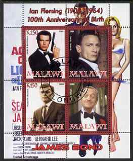 Malawi 2008 Ian Fleming 100th Birth Anniversary (James Bond) #2 perf sheetlet containing 4 values fine cto used, stamps on personalities, stamps on literature, stamps on films, stamps on cinema, stamps on  spy , stamps on , stamps on scots, stamps on scotland