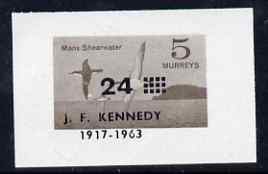 Calf of Man 1966 Manx Shearwater 24m on 5m with Kennedy overprint imperf proof of central vignette in brown with frame omitted and opt misplaced on gummed paper handstamp..., stamps on birds, stamps on shearwaters, stamps on kennedy, stamps on usa presidents