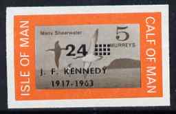 Calf of Man 1966 Manx Shearwater 24m on 5m with Kennedy overprint imperf proof with opt misplaced on gummed paper handstamped Proof in violet on back unmounted mint, as R..., stamps on birds, stamps on shearwaters, stamps on kennedy, stamps on usa presidents