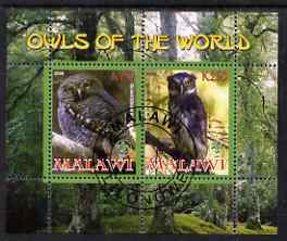 Malawi 2008 Owls of the World perf sheetlet #1 containing 2 values with Scout Logo fine cto used, stamps on birds, stamps on birds of prey, stamps on owls, stamps on scouts