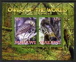 Malawi 2008 Owls of the World perf sheetlet #2 containing 2 values with Scout Logo fine cto used, stamps on birds, stamps on birds of prey, stamps on owls, stamps on scouts