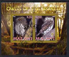 Malawi 2008 Owls of the World perf sheetlet #4 containing 2 values with Scout Logo fine cto used, stamps on birds, stamps on birds of prey, stamps on owls, stamps on scouts