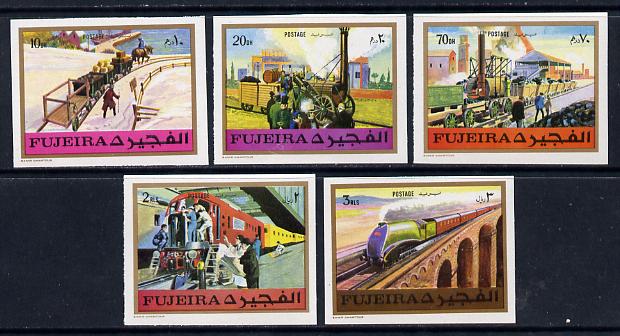 Fujeira 1971 Trains imperf set of 5 unmounted mint, Mi 635-39B*, stamps on railways