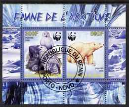 Benin 2008 WWF - Arctic Fauna, Owls & Bears perf sheetlet containing 2 values fine cto used, stamps on owls, stamps on birds, stamps on birds of prey, stamps on  wwf , stamps on bears, stamps on polar