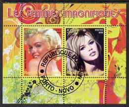 Benin 2008 Famous Women perf sheetlet containing 2 values (Marilyn & Brigitte Bardot) fine cto used , stamps on personalities, stamps on women, stamps on films, stamps on cinema, stamps on movies, stamps on marilyn monroe, stamps on 