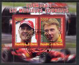 Benin 2008 Formula 1 - Great Drivers perf sheetlet #1 containing 2 values (M Schumacher & M Hakkinen) fine cto used, stamps on personalities, stamps on cars, stamps on  f1 , stamps on formula 1, stamps on racing cars
