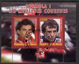 Benin 2008 Formula 1 - Great Drivers perf sheetlet #2 containing 2 values (A Senna & A Prost) fine cto used, stamps on personalities, stamps on cars, stamps on  f1 , stamps on formula 1, stamps on racing cars