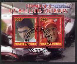 Benin 2008 Formula 1 - Great Drivers perf sheetlet #3 containing 2 values (D Hill & K Raikkonen) fine cto used, stamps on personalities, stamps on cars, stamps on  f1 , stamps on formula 1, stamps on racing cars