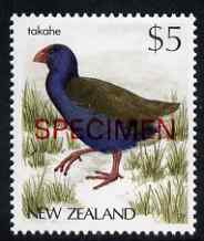 New Zealand 1982-89 Takahe $5 from Native Birds def set overprinted SPECIMEN unmounted mint, SG 1296s, stamps on , stamps on  stamps on birds