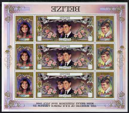 Belize 1986 Royal Wedding perf sheetlet containing 9 values (3 sets of 3) with black printing inverted (country, inscription and value) unmounted mint and most unusual, a..., stamps on personalities, stamps on royalty, stamps on andrew