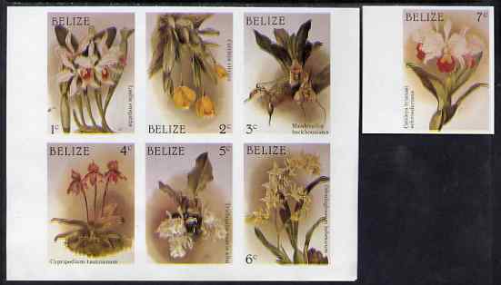 Lesotho 1987 Christmas - Orchids imperf set of 7 values comprising 1c to 6c in se-tenant block plus 7c marginal single, all unmounted mint but wrinkled, as SG 1009-15, stamps on christmas, stamps on flowers, stamps on orchids