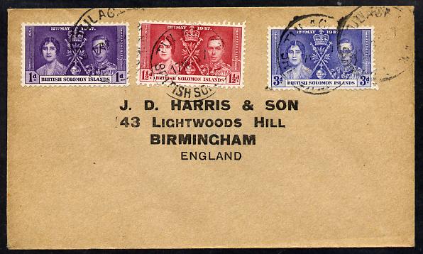 Solomon Islands 1937 KG6 Coronation set of 3 on cover with first day cancel addressed to the forger, J D Harris.  Harris was imprisoned for 9 months after Robson Lowe exp..., stamps on , stamps on  kg6 , stamps on forgery, stamps on forger, stamps on forgeries, stamps on coronation