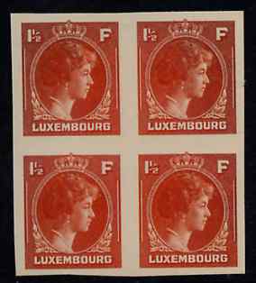 Luxembourg 1944 Grand Duchess Charlotte (SG type 70) IMPERF proof block of 4 of 1.5F in orange on thick card (ex ABN Co archives) only one sheet known , stamps on 