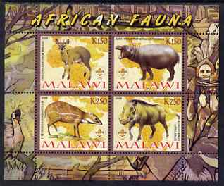 Malawi 2008 African Fauna perf sheetlet containing 4 values, each with Scout logo unmounted mint, stamps on , stamps on  stamps on animals, stamps on  stamps on hippos, stamps on  stamps on scouts
