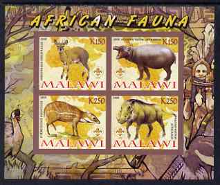 Malawi 2008 African Fauna imperf sheetlet containing 4 values, each with Scout logo unmounted mint, stamps on animals, stamps on hippos, stamps on scouts