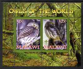 Malawi 2008 Owls of the World perf sheetlet #2 containing 2 values with Scout Logo unmounted mint, stamps on birds, stamps on birds of prey, stamps on owls, stamps on scouts