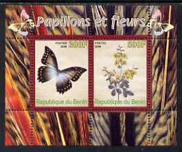 Benin 2008 Butterflies & Flowers perf sheetlet containing 2 values unmounted mint, stamps on butterflies, stamps on flowers