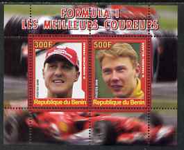 Benin 2008 Formula 1 - Great Drivers perf sheetlet #1 containing 2 values (M Schumacher & M Hakkinen) unmounted mint, stamps on personalities, stamps on cars, stamps on  f1 , stamps on formula 1, stamps on racing cars