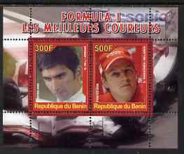 Benin 2008 Formula 1 - Great Drivers perf sheetlet #3 containing 2 values (D Hill & K Raikkonen) unmounted mint, stamps on personalities, stamps on cars, stamps on  f1 , stamps on formula 1, stamps on racing cars