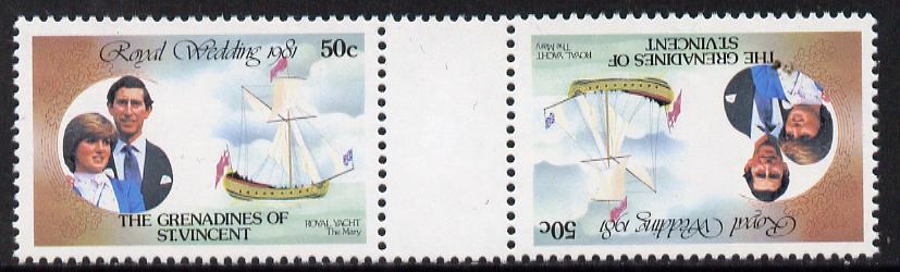 St Vincent - Grenadines 1981 Royal Wedding 50c (Royal Yacht The Mary) in unmounted mint tete-beche pair from uncut booklet pane, SG 202var scarce thus, stamps on royalty, stamps on ships, stamps on diana, stamps on charles, stamps on sailing