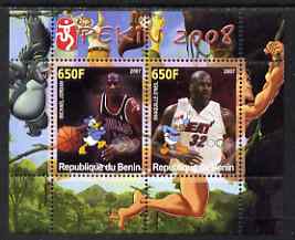 Benin 2007 Beijing Olympic Games #20 - Basketball perf s/sheet containing 2 values (Jordan & O'neil with Disney characters in background) unmounted mint, stamps on sport, stamps on olympics, stamps on disney, stamps on basketball