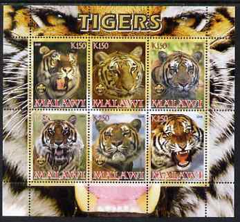 Malawi 2008 Tigers perf sheetlet containing 6 values unmounted mint, stamps on animals, stamps on cats, stamps on tigers