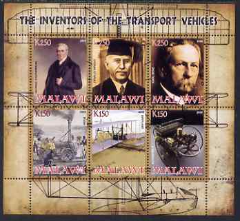 Malawi 2008 Transport Inventors #1 perf sheetlet containing 6 values unmounted mint, stamps on personalities, stamps on transport, stamps on inventors, stamps on railways, stamps on aviation, stamps on wright, stamps on cars
