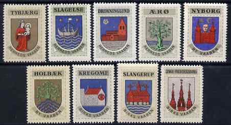 Cinderella - Denmark set of 9 Coats of arms for various Towns, perforated and unmounted mint, stamps on arms, stamps on heraldry, stamps on cinderellas    