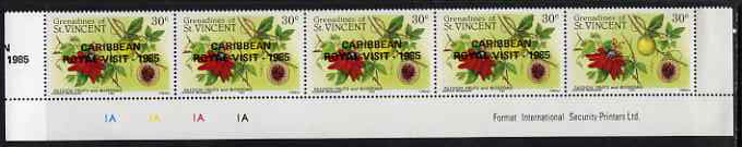 St Vincent - Grenadines 1985 Caribbean Royal Visit on 30c Passion Fruit (Fruits & Blossoms) strip of 5 with overprint omitted from stamp 5 but extra opt appearing in margin at left, unmounted mint as SG 420, stamps on royalty, stamps on royal visits, stamps on fruit