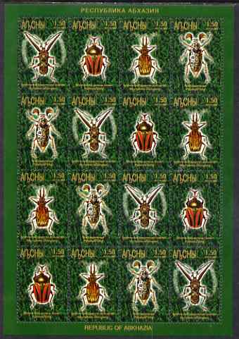 Abkhazia 1999 Beetles #2 perf sheetlet of 16 containing 4 sets of 4 arranged alternatively in rows, unmounted mint, stamps on insects, stamps on beetles
