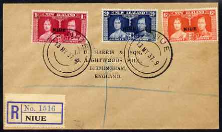 Niue 1937 KG6 Coronation set of 3 on reg cover with first day cancel addressed to the forger, J D Harris.  Harris was imprisoned for 9 months after Robson Lowe exposed hi..., stamps on , stamps on  kg6 , stamps on forgery, stamps on forger, stamps on forgeries, stamps on coronation