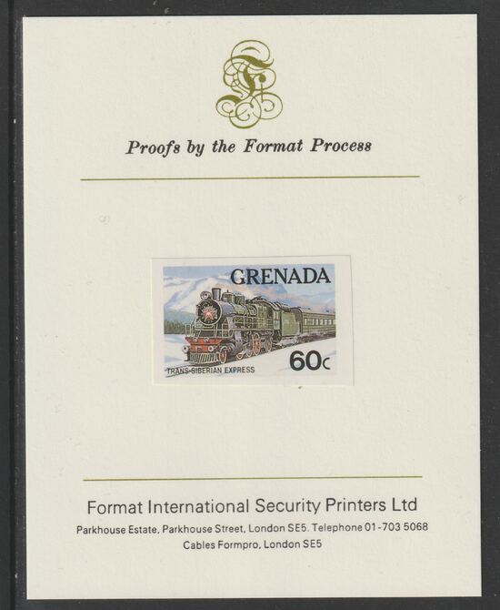 Grenada 1982 Famous Trains 60c Trans-Siberian Express imperf proof mounted on Format International proof card as SG 1213, stamps on railways