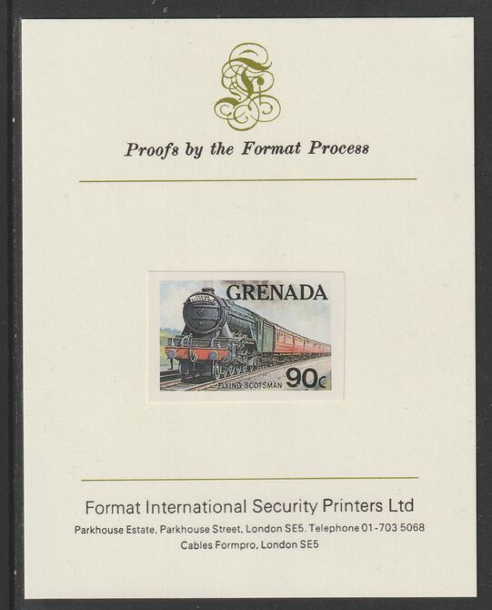 Grenada 1982 Famous Trains 90c Flying Scotsman imperf proof mounted on Format International proof card as SG 1215, stamps on railways, stamps on scots, stamps on scotland