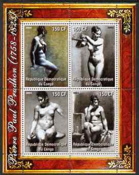 Congo 2004 Nude Paintings by Pierre Paul Prodhon perf sheetlet containing 4 values, unmounted mint, stamps on arts, stamps on nudes, stamps on prodhon
