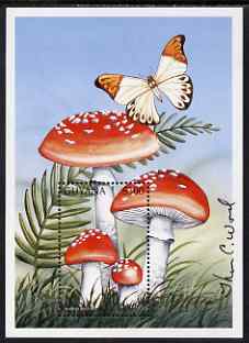 Guyana 1997 Fungi of the World perf m/sheet #2 (Amanita muscaria) signed by Thomas C Wood the designer, SG MS 5004b, stamps on fungi, stamps on butterflies