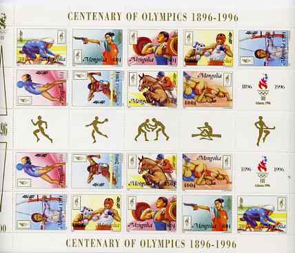Mongolia 1996 Atlanta Olympics (Centenary) perf sheetlet containing 2 sets of 9 (plus label) unmounted mint, as SG 2548-56, stamps on , stamps on  stamps on olympics    sport    gymnastics   weightlifting    shooting   bicycles    wrestling    horses    archery    boxing    hurdling, stamps on  stamps on  gym , stamps on  stamps on gymnastics, stamps on  stamps on 