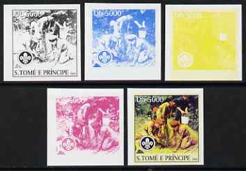 St Thomas & Prince Islands 2004 Scouts 5,000 Db the set of 5 imperf progressive proofs comprising the 4 individual colours plus all 4-colour composite, unmounted mint , stamps on scouts