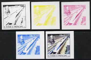 St Thomas & Prince Islands 2004 Jules Verne 7,000 Db (with modern High Speed Train) the set of 5 imperf progressive proofs comprising the 4 individual colours plus all 4-colour composite, unmounted mint , stamps on personalities, stamps on literature, stamps on railways, stamps on books, stamps on 