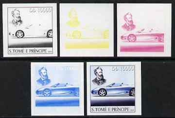 St Thomas & Prince Islands 2004 Jules Verne 10,000 Db (with modern Sports Car) the set of 5 imperf progressive proofs comprising the 4 individual colours plus all 4-colour composite, unmounted mint , stamps on personalities, stamps on literature, stamps on cars, stamps on books, stamps on 