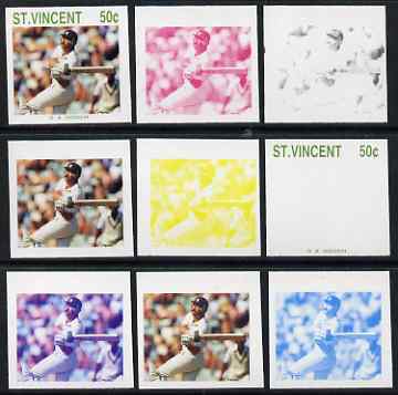 St Vincent 1988 Cricketers 50c G Gooch the set of 9 imperf progressive proofs comprising the 5 individual colours plus 2, 3, 4 and all 5-colour composites unmounted mint,..., stamps on personalities, stamps on sport, stamps on cricket