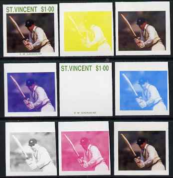 St Vincent 1988 Cricketers $1.00 S M Gavaskar the set of 9 imperf progressive proofs comprising the 5 individual colours plus 2, 3, 4 and all 5-colour composites unmounted mint, as SG 1147, stamps on personalities, stamps on sport, stamps on cricket
