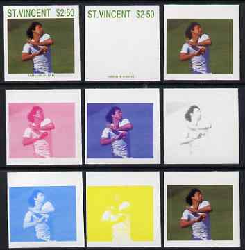St Vincent 1988 Cricketers $2.50 Imran Khan the set of 9 imperf progressive proofs comprising the 5 individual colours plus 2, 3, 4 and all 5-colour composites unmounted mint, as SG 1149, stamps on personalities, stamps on sport, stamps on cricket