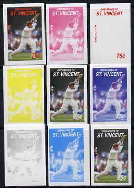 St Vincent - Grenadines 1988 Cricketers 75c M D Crowe the set of 9 imperf progressive proofs comprising the 5 individual colours plus 2, 3, 4 and all 5-colour composites unmounted mint, as SG 575, stamps on personalities, stamps on sport, stamps on cricket