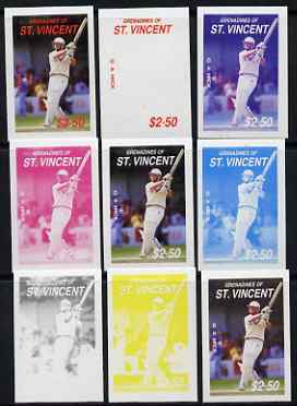 St Vincent - Grenadines 1988 Cricketers $2.50 G A Hick the set of 9 imperf progressive proofs comprising the 5 individual colours plus 2, 3, 4 and all 5-colour composites unmounted mint, as SG 579, stamps on personalities, stamps on sport, stamps on cricket