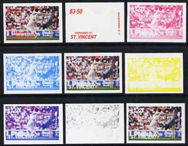 St Vincent - Grenadines 1988 Cricketers $3.50 C G Greenidge the set of 9 imperf progressive proofs comprising the 5 individual colours plus 2, 3, 4 and all 5-colour composites unmounted mint as SG 580, stamps on personalities, stamps on sport, stamps on cricket