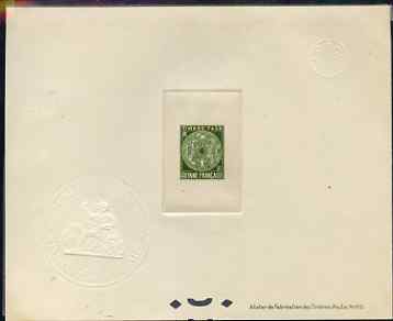 French Guiana 1947 Postage Due 30c olive-green Epreuves deluxe proof sheet in issued colour with Official French Colonies impressed die stamp (from very limited printing)..., stamps on amphibians, stamps on frogs