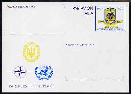 Ukraine 1997 40c postal stationery card showing United Nations logo & Partnership for Peace (with inscriptions for sender and Addressee) very fine unused , stamps on militaria, stamps on united nations