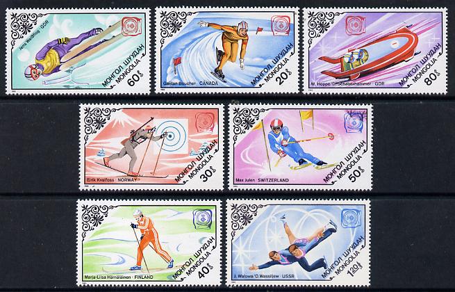 Mongolia 1984 Sarajevo Winter Olympic Gold Medalists perf set of 7 unmounted mint, SG 1635-41, stamps on , stamps on  stamps on olympics, stamps on  stamps on sport, stamps on  stamps on skating, stamps on  stamps on bobsled, stamps on  stamps on skiing, stamps on  stamps on 