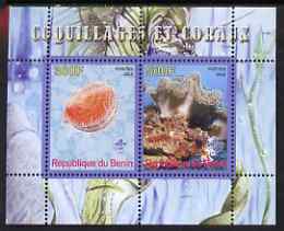 Benin 2008 Shells & Coral #1 perf sheetlet containing 2 values each with Scout Logo, unmounted mint, stamps on marine life, stamps on shells, stamps on coral, stamps on scouts